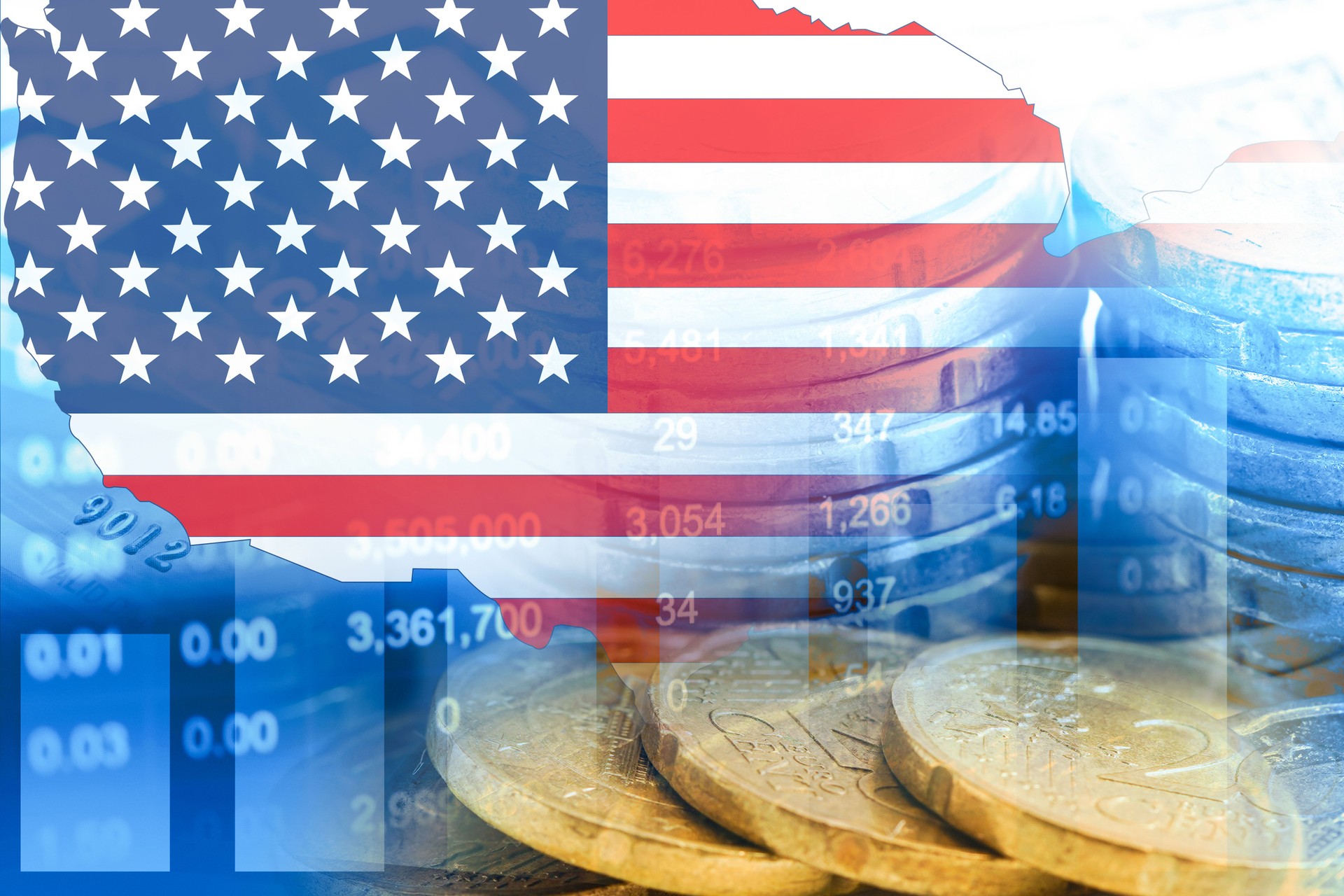 US America flag and map on stock investment trading with coin and graph.